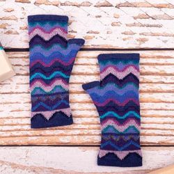 'Chevron Wavy-Patterned Knit Baby Alpaca Fingerless Mittens'