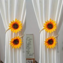 TEMU 2pcs Rustic Sunflower Curtain Tiebacks - No-drill, Modern Curtain Clips With Rope For Bedroom & Living Room Decor, Polyester Material, Decor