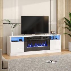 "TEMU Electric Fire Insert Tv Stand, Entertainment Center Console Table With 36" Fireplace, For 70" Tv, With 12colors Realistic Flame Effect & 12colors Moon Lights, Protection, White/black"