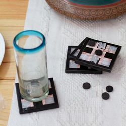 'Set of 4 Onyx and Marble Coasters with Tic-Tac-Toe Pieces'