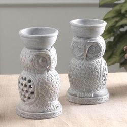 '2 Owl-Shaped Jali Openwork Soapstone Oil Warmers from India'