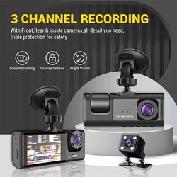 TEMU Dash Cam Recorder 1080p 3 Lens Dash Cam For Cars - Front, Inside & Rear View With Ir Night , Loop Recording, And 5.08 Cm Ips Display