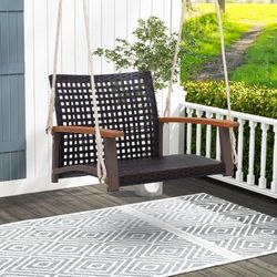 TEMU Goflame Rattan Porch Swing, Patio Wicker Single Hanging Seat W/ Acacia Wood Armrests, 2 Hanging Hemp Ropes, Heavy-duty Metal Frame, Outdoor Swing Chair For Backyard, Front Porch