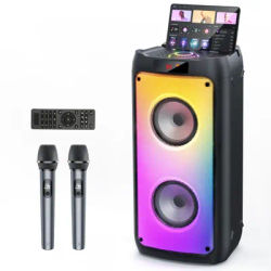 Haut-parleur Bluetooth sans fil T10-T, Machine à karaoké avec 2 microphones, haut-parleur de fête karaoké à domicile avec lumière LED, caissons de basses de scène