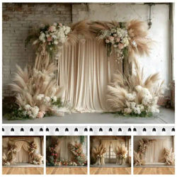 Boho Flowers Beige Curtain Brick Wall Backdrop Birthday Party Wedding Pregnant Portrait Photography
