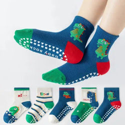 5 Pairs of Floor Socks Cartoon Glue Floor Socks Letter Stripes Animal Dinosaur Baby Socks for Boys and Girls Soft Bottom Indoor Non-Slip Socks Suitable for Daily Life