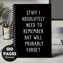 "TEMU 1pc Humorous Black Spiral Notebook - " Stuff I Really Need To Remember But Will " Sarcastic Journal For Work, 100 Pages, Office Humor Gift, Coworker Gift Idea, Notebooks For Writin"