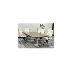 8'x4' Modern Walnut Rectangular Conference Table w/White Soft Pad Leather Chairs