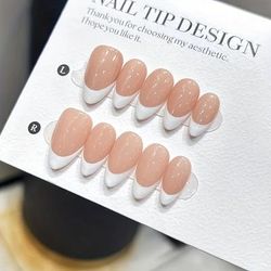 TEMU 10pcs Pure Handmade Short Almond Press-on Nails, Minimalist Style With Hand-painted White French Tips And Nude Base, Stunning Quality, Includes Nail File, Stick, Jelly Glue