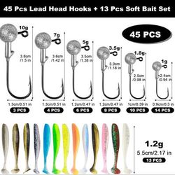 TEMU 58pcs Jig Heads Hooks With Soft Lures Kit - 6 Sizes (1g, 1.8g, 3.5g, 5g, 7g, 10g), Dual-color Realistic Bait, Storage Box For Bass Fishing (freshwater Saltwater)