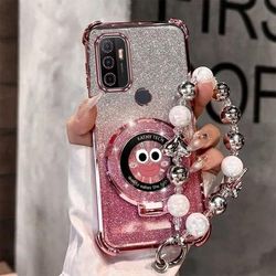 TEMU Glittery Pearl Wrist Strap Magnetic Thick Lips Phone Case For Oppo A53 2020, Providing Protection And A Stand Back