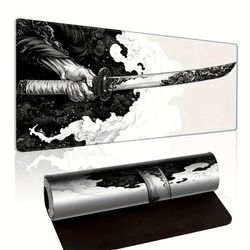 TEMU Extra Large Japanese Gaming Mouse Pad - Washable, Non-slip Rubber Base, Stitched Edges, 31.5x11.8 Inches, Black & For & Office Use, Esports Equipment, Artistic Gamer Decor, Durable Fabric Surface