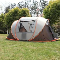 TEMU Large Quick-open Camping Tent - Durable Polyester, 5-8 Person Capacity, Vibrant Orange & Gray Design, Easy Setup For Hiking, & Festivals, Camping Tent