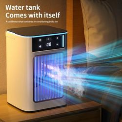 TEMU Spray Fan Usb Mini Portable Air Cooler With Mist, Colorful Night Light, Adjustable For Dormitory, Office, Home Use