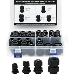 38pcs Cable Glands Joint Kit Waterproof Adjustable Nylon 1/4” 3/8” 1/2” 3/4” Strain Relief Cord Connectors Black With Gaskets