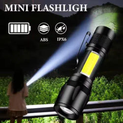 Mini Torch Flashlight COB+XPE Portable USB Charging Camping Lantern Zoomable Focus Light Tactical Flashlight with Pen Clip