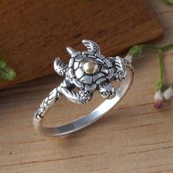 Baby Turtle,'18k Gold-Accented Silver Cocktail Ring with Turtle Motif'
