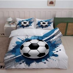 TEMU 3pcs Soccer Theme Bedding Set Blue And White With Football Print (1duvet Cover + 2pillowcase, Without Core) For Bedroom Decor