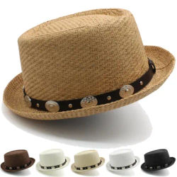 Hommes femmes paille porc tarte chapeaux été chapeau de soleil plaisancier casquettes marin Sombrero plage Fedora Trilby voyage en plein air taille américaine 7 1/4 UK L