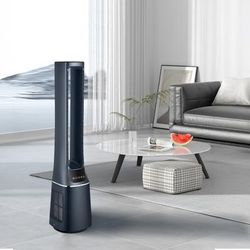 TEMU Midea Mbf150bsuk Dark Blue 2-in-1 Bladeless Tower Fan - Motor, Led Display, Smart App Control Via Wifi, Remote, Hepa Air Purifying Filter, 10 & 12h Timer For Home Cooling