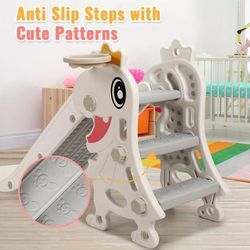 TEMU Slide For Indoor Outdoor Playset Plastic Foldable Slides For Backyard Climber Set With Stairs Basketball Hoop And Ball For Boys And Girls ( White