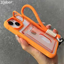 Wrist Strap with Camera Stand Card Holder Shockproof Phone Case For iPhone 15 11 12 13 14 16 Pro Max Plus Transparent Full Cover