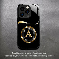 TEMU Stylish Minimalist Golden Letter A Tempered Glass Black New Phone Case For Iphone Models Including 16, 15, 14, 13, 12, 11, And More, Designed For Couples.
