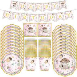Ensemble de vaisselle de fête féerique comprenant assiettes en papier, gobelets, serviettes, fleurs, fées, forêt enchantée, ensemble de couverts de jardin, décor de réception-cadeau pour bébé