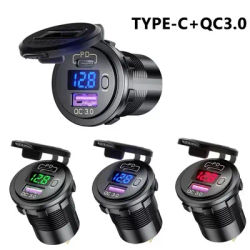 Prise de chargeur de voiture USB C 12V/24V, double prise USB PD3.0 et QC3.0, Port USB de voiture avec voltmètre LED et interrupteur marche/arrêt