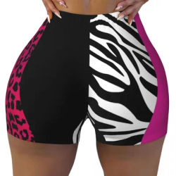 Custom Hot Pink Zebra And Leopard Animal Print Stripes Gym Running Volleyball Shorts Women's Workout Yoga Shorts