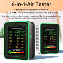Moniteur de qualité de l'air 6 en 1 PM2.5, CO2, moniteur TVOC, détecteur de qualité de l'air, détecteur de formaldéhyde domestique multifonctionnel