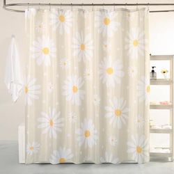 TEMU 1pc Beige Floral Shower Curtain Set With White Daisies And Yellow - Design, 12 Hooks, Polyester Material, Use, Bathroom Decor|floral Pattern|polyester Fabric, Bathroom Decorations