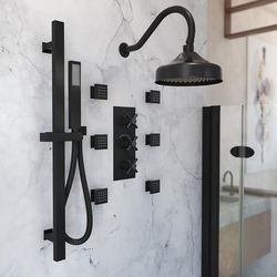 Randolph Morris Tranquil Rainfall Thermostatic Shower Set with Round Showerhead, Square Handshower, Metal Cross Valve, and 6 Sqaure Body Jets - Matte Black RMAS-3TMC-RRHGN-HSSQ-6BSQ-MB