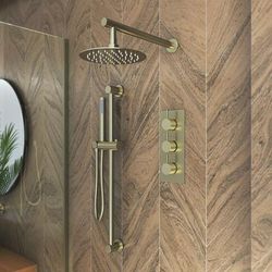 Randolph Morris Tranquil Rainfall Wall Mounted Shower Set with Tranquil Wall Mounted Rainfall Shower Head, Round Valve, Grab Bar and Wand Handshower - Brushed Brass RMAS-3TR-RH-HSW-BB