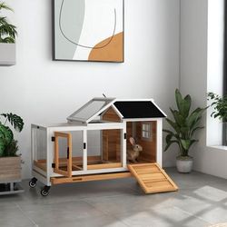 TEMU Wooden Rabbit Hutch With Wheels, Guinea Pig Cage, Small Animal House For Outdoor & Indoor With Slide-out Tray, 108 X 58 X 73.5cm