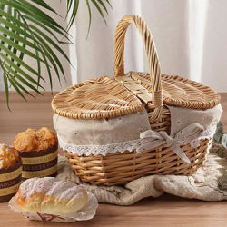 Cestino da picnic all'aperto in vimini intrecciato in campagna di grandi dimensioni con coperchio Cestino portaoggetti ovale in vimini intrecciato a mano