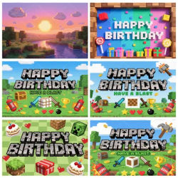 Pixel Happy Birthday Decoration Backdrop Photography Game M-inecraft Mosaic Photocall Background Child Photo Studio Banner Props