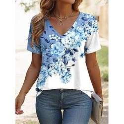 Per donna Maglietta Floreale Grafico Piante Elegante Classico Casual Manica Corta Scollo a V Top Regolari Quotidiano Weekend Stampato Rosa Blu Viola Verde Estate Primavera