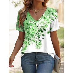 Per donna Maglietta Floreale Grafico Piante Elegante Classico Casual Manica Corta Scollo a V Top Regolari Quotidiano Weekend Stampato Rosa Blu Viola Verde Estate Primavera