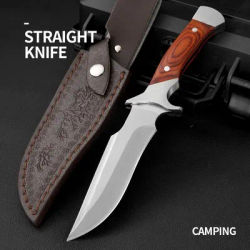 EDC stainless steel outdoor survival knife with sheath; camping kitchen knife; military tactical knife; self-defense.
