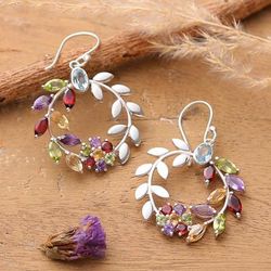 'Floral Leaf-Themed Multi-Gemstone Silver Statement Earrings'