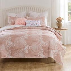 Mariposa Reversible Matelassé Blossom and Butterflies Coverelet Set by Greenland Home Fashions in Pink (Size KING)