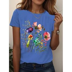 Per donna Maglietta Floreale Grafico Piante Vintage Elegante Classico Manica Corta Girocollo Top Regolari Quotidiano Uscire Weekend Stampato Nero Bianco Rosa Blu Azzurro cielo Estate Primavera Autunno