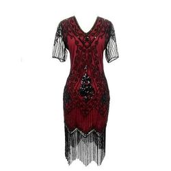 Anni Ruggenti Anni 1920 Lunghezza al ginocchio Vestito Abito Flapper Abito da Ballo Maniche corte Il grande Gatsby Charleston Invitato al matrimonio Paillettes Frangia con nappe Scollo a V Costume