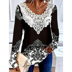 Blusa da donna tunica pizzo splicing scollo a V manica lunga grafica paisley piante scollo rotondo top regolari stampa quotidiana per uscite weekend pizzo patchwork nero primavera autunno prefestivo