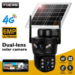 FUERS 4G LTE Solar Camera PTZ 6MP 2K Panel Dual Lens Outdoor Camera Home Security CCTV Video Surveillance Built-in Battery
