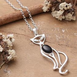 Mystic Cat,'Whimsical Cat-Shaped Black Onyx Silver Pendant Necklace'