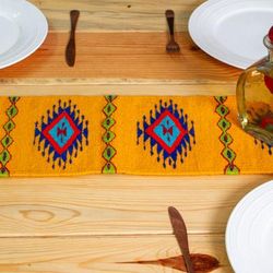 'Diamond-Themed Marigold 100% Wool Table Runner from Mexico'