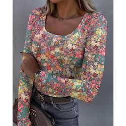 T-shirt da donna maniche lunghe rigata grafica collo quadrato maniche lunghe casual tunica floreale piante vintage elegante top regolari stampa quotidiana bianca rosa arancione verde beige primavera