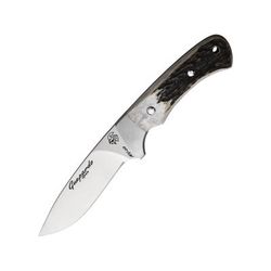 J&V Adventure Knives Gueppardo Fixed Blade Knife 8.75in Overall 4in Satin MV-58 Stainless Steel Blade Deer Stag Handle Brown Leather Belt Sheath